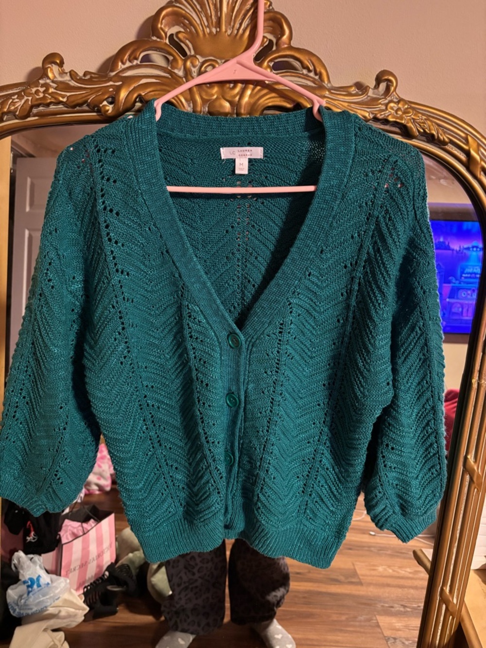 LC Lauren Conrad Teal Openwork V-Neck Button Cardigan